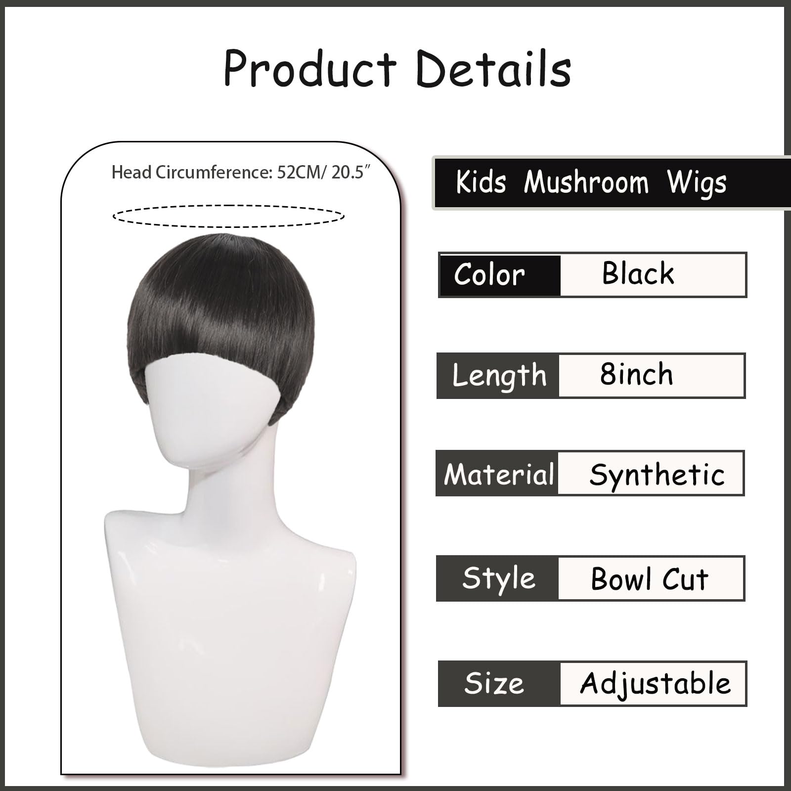 FOUNSHO Bowl Cut Wig For Kids Costume Child Funny Wig Short Black Full Bang Straight Mushroom 60s 70s 80s Bob Nerd Hairs for Boys Girls Daily Halloween Fancy Dress Party World Book Day Cosplay (Black) - Image 2
