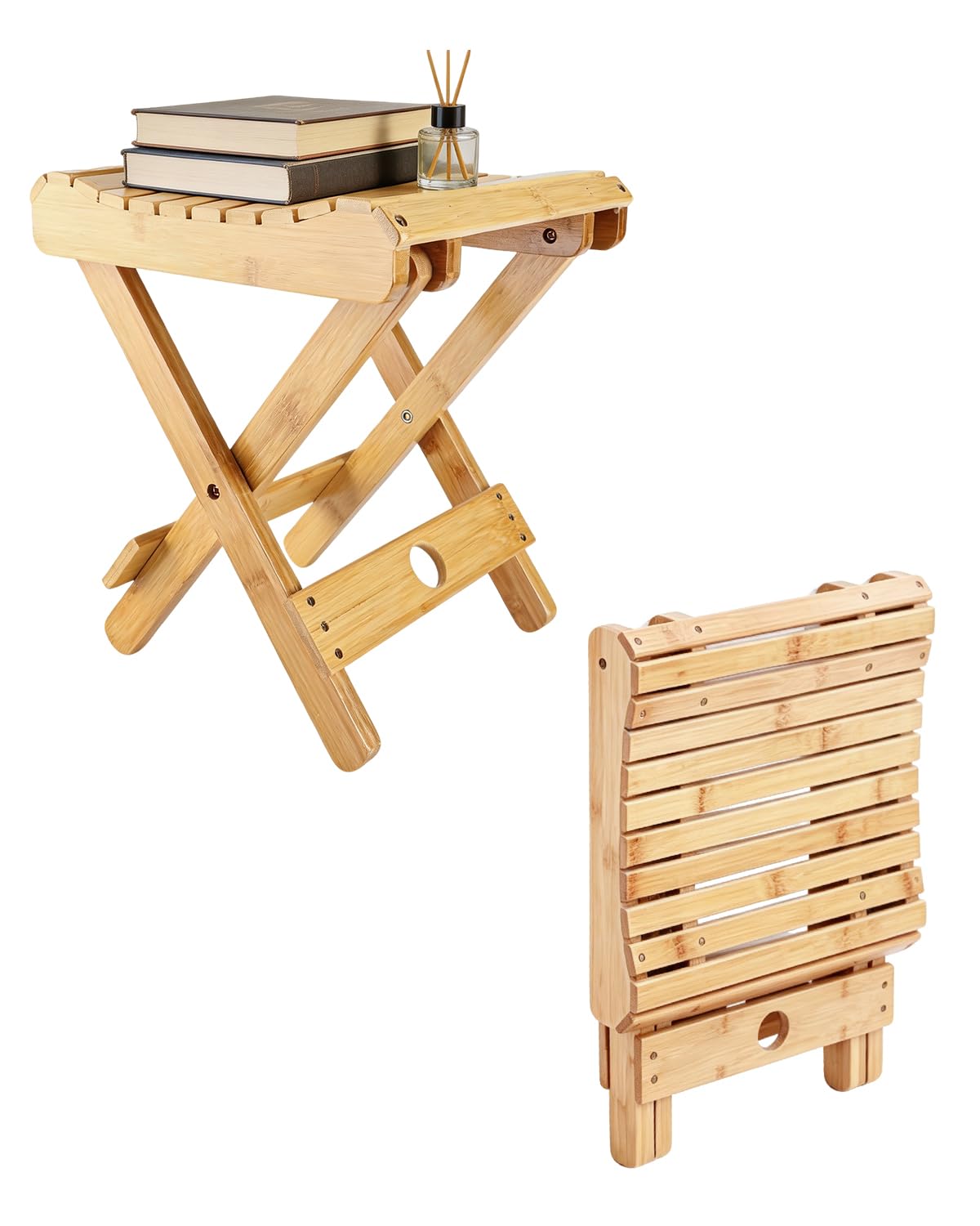 Tissting Taburete Plegable de Madera, Asiento de Ducha Portátil Plegable con Diseño Triangular Sólido, Reposapiés para Afeitado, Jardín, Baño, Balcón y SPA, Fácil de Almacenar