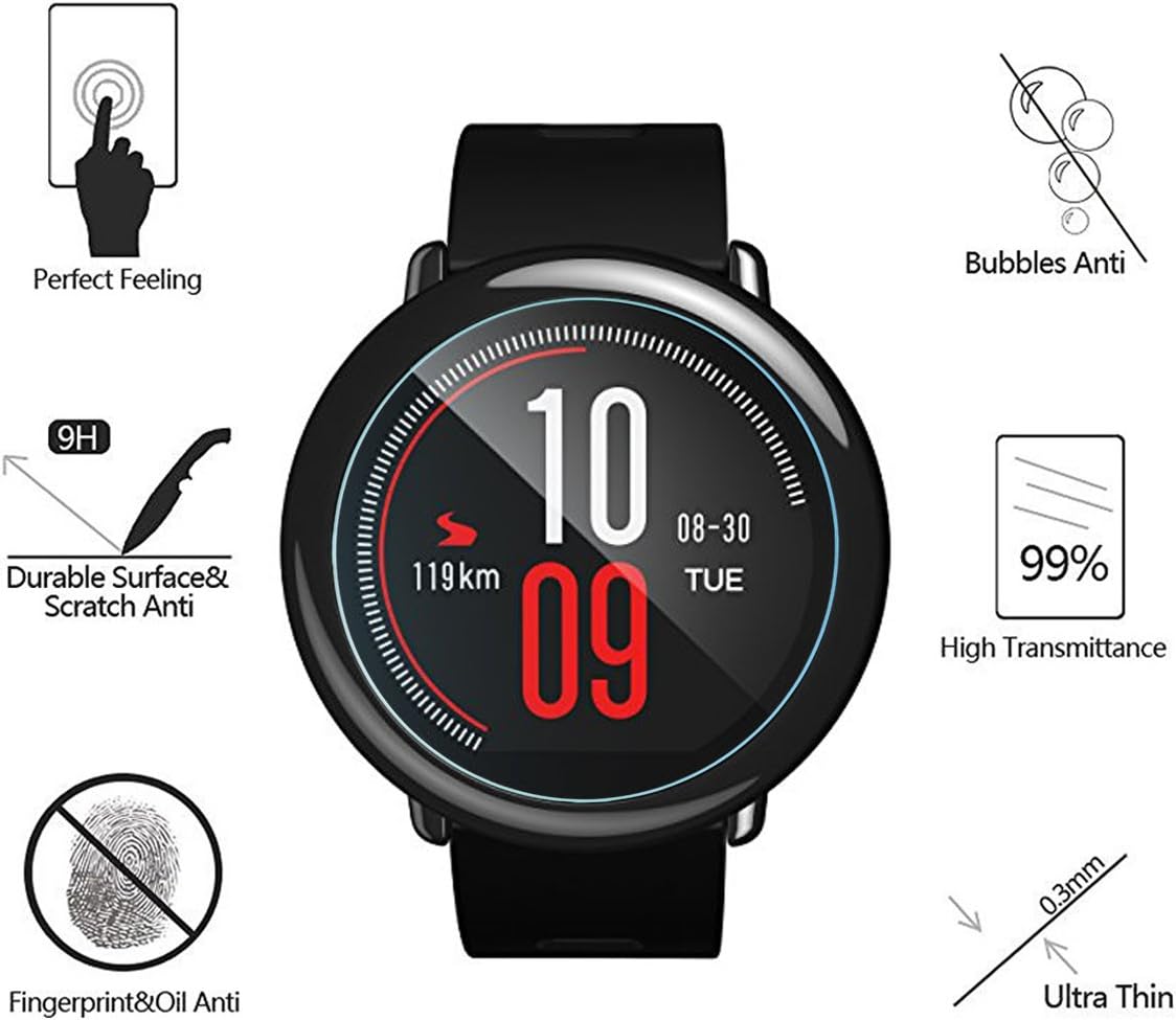 AKWOX (4-Pack) Tempered Glass Screen Protector for Xiaomi Amazfit, [0.3mm 2.5D High Definition 9H] Anti Scratch Screen Protector for Huami Amazfit