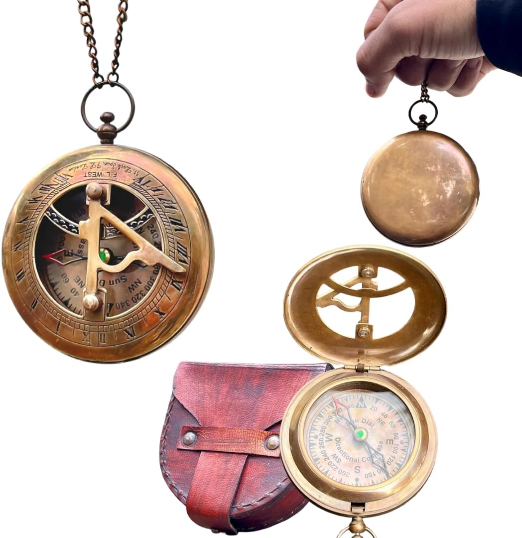 Brass Sundial Compass 3", with Chain, Vintage Nautical Pendant with Leather Case, Antique Finish