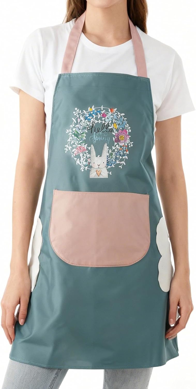 DILLMAN Women Kitchen Apron with Hand Wipe Pockets，Big Pocket,Hand-wiping, Waterproof for Cooking Baking
