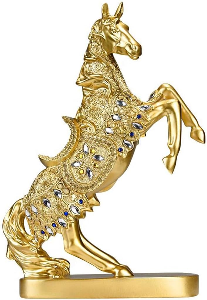 FUNSXBUG Chinese Feng Shui Horse Standing Fighting Statue Sculpture Home Office Decoration Tabletop Decor Ornaments for Wealth and Success Good Lucky Gifts Gold