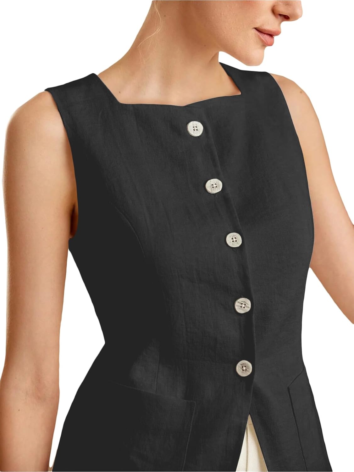 Mina Self 2026 Womens Summer Long Linen Vest Sleeveless Lightweight Fully-Lined Single Breasted Casual Work Tops Pockets - Image 4