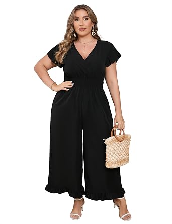 ShopWonder Plus Size Loose Jumpsuits for Women Summer Short Sleeve One Piece Outfit Elastic Waist Wide Leg Floral Jumpsuits