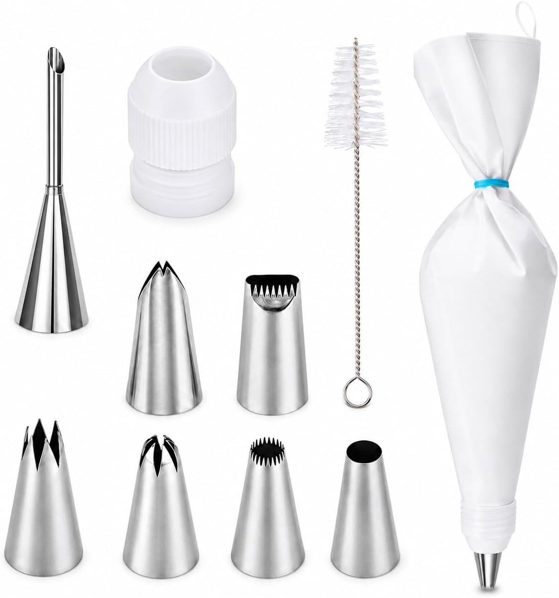 10-Piece Reusable Piping Bags and Tips Set-Cotton Baking Kit with Coupler,16inch Pastry Bags,Stainless Steel Nozzles & Cleaner for Cakes/Cupcakes/Cookies Decorating (10 Pcs)