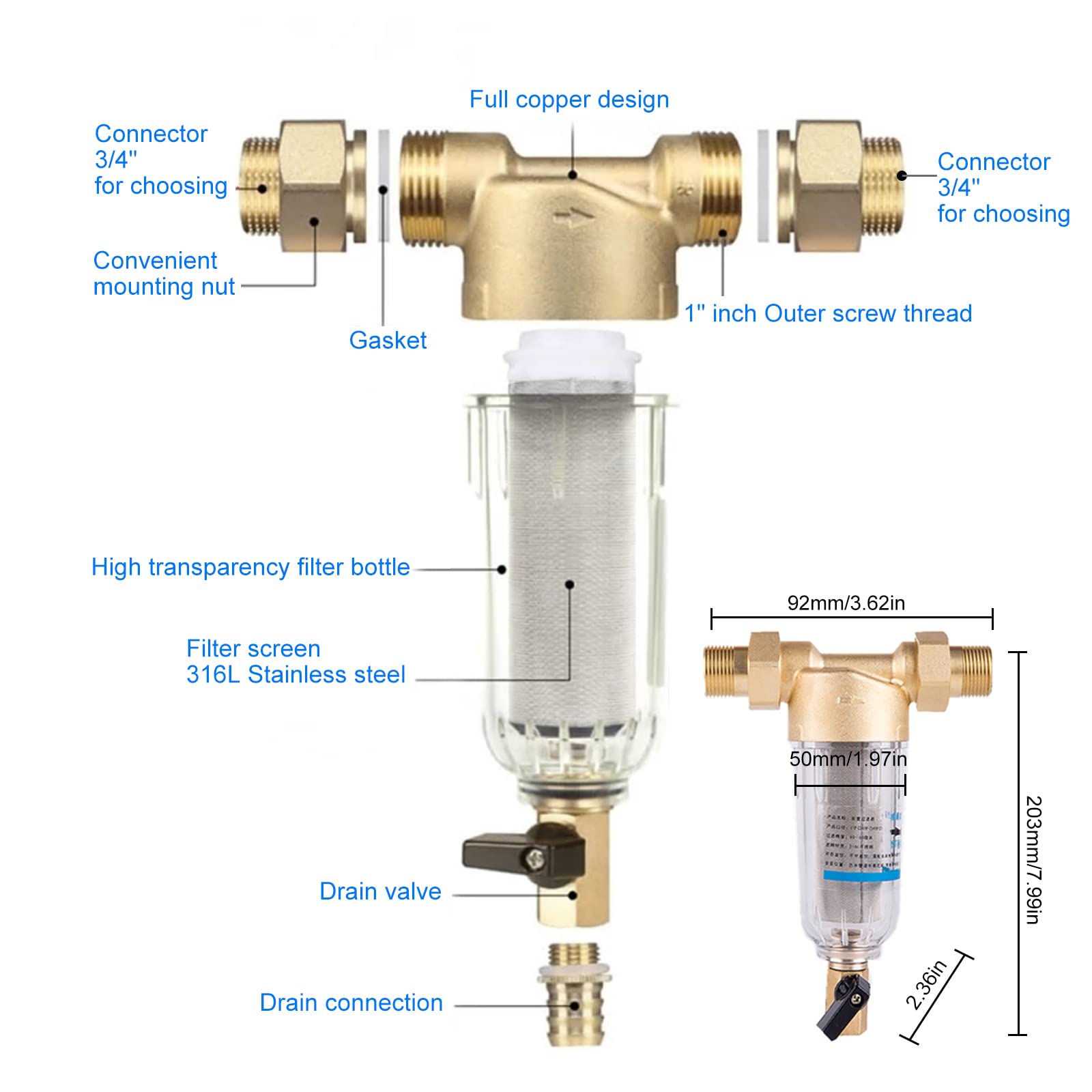 Filtre à Eau 1 Pouces Préfiltre à Sédiments pour G 3/4 ", Filtre fin pour Robinet d'eau potable, Purificateur d'eau Traitement de Filtre l'eau, Système de Filtration d'Eau