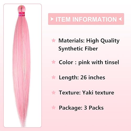 Miniatura 5 de Extensiones de cabello trenzado preestiradas de color rosa con oropel de 26 pulgadas, 3 paquetes de trenzas sintéticas profesionales trenzadas de