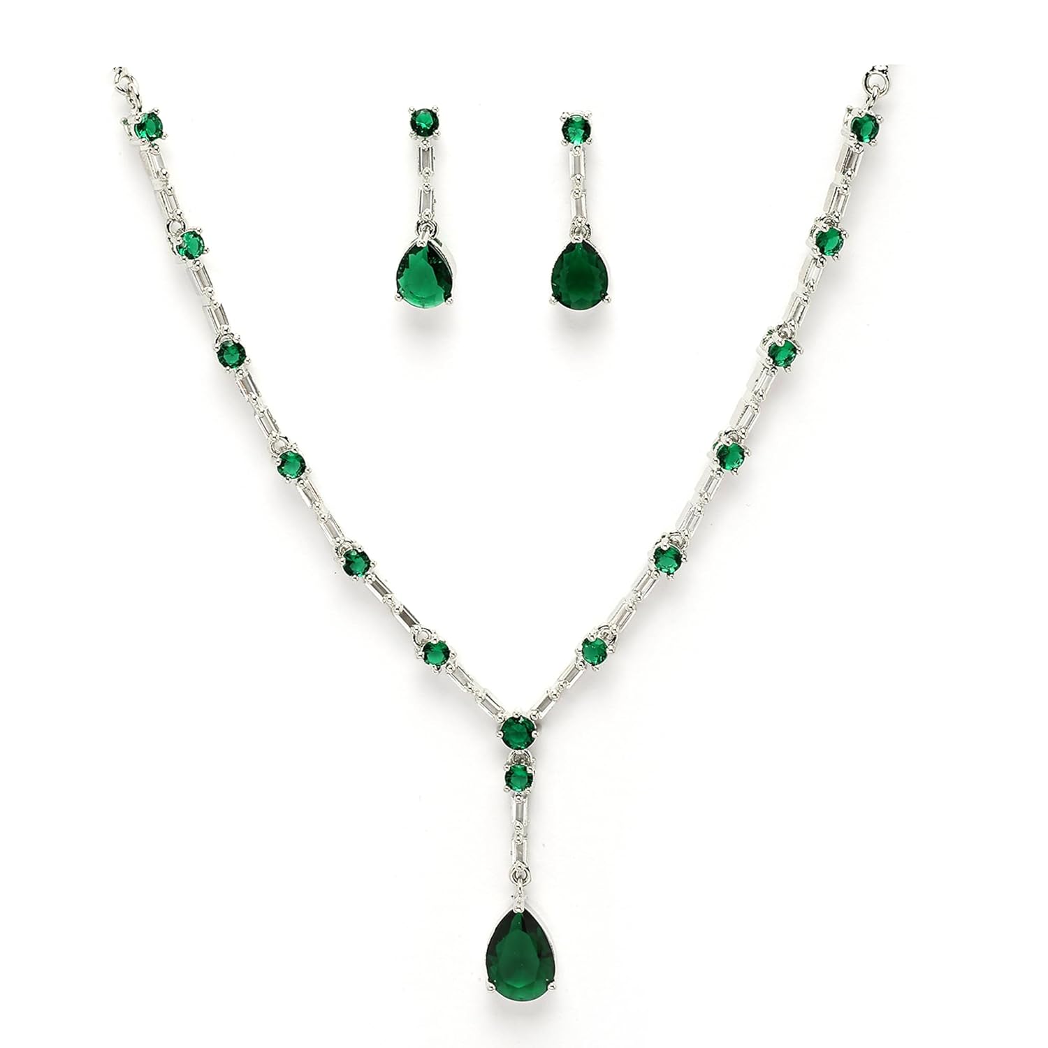 ZENEME Jewelry Luxury Green American Diamond Crytal Sleek Silver Plated Necklace Jewellery Set For Women & GIfts For Girls