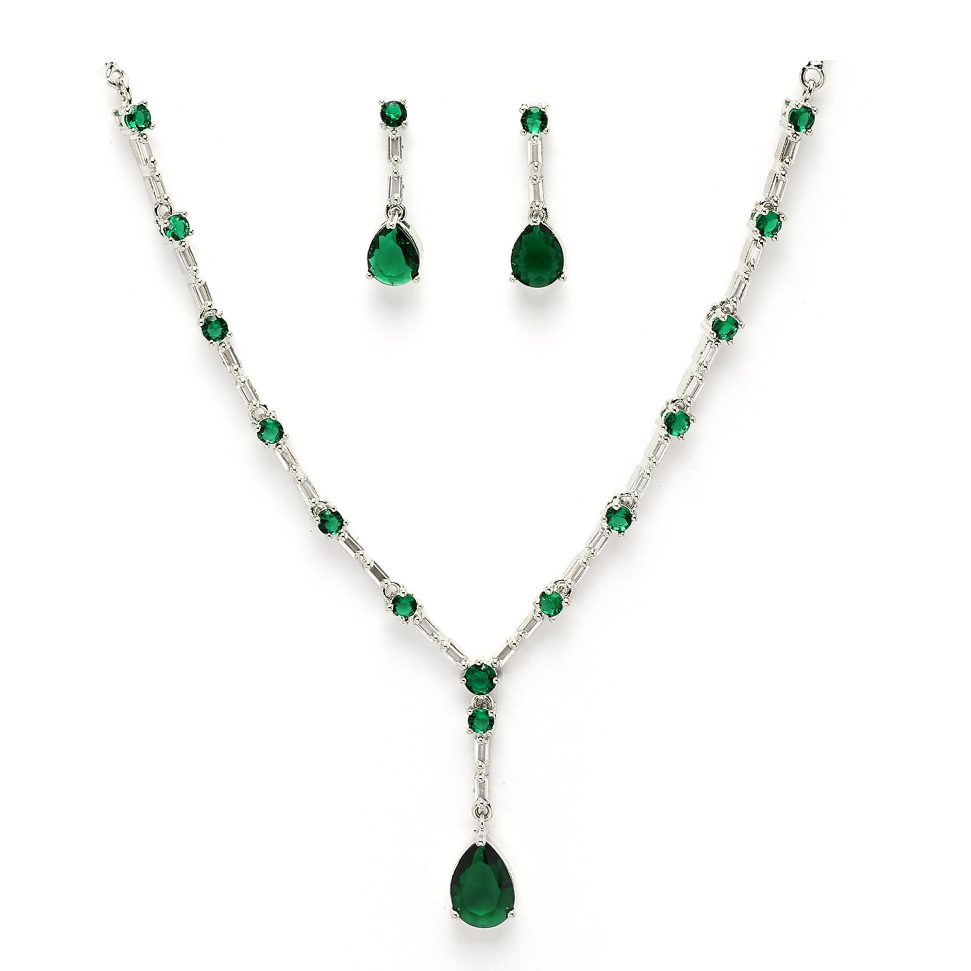 Jewelry Luxury Green American Diamond Crytal Sleek Silver Plated Necklace Jewellery Set For Women & GIfts For Girls-image-40