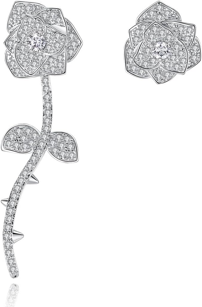14K Gold Asymmetrical Moissanite Earrings, Floral Bud Design Drop Ear Jewelry for Women