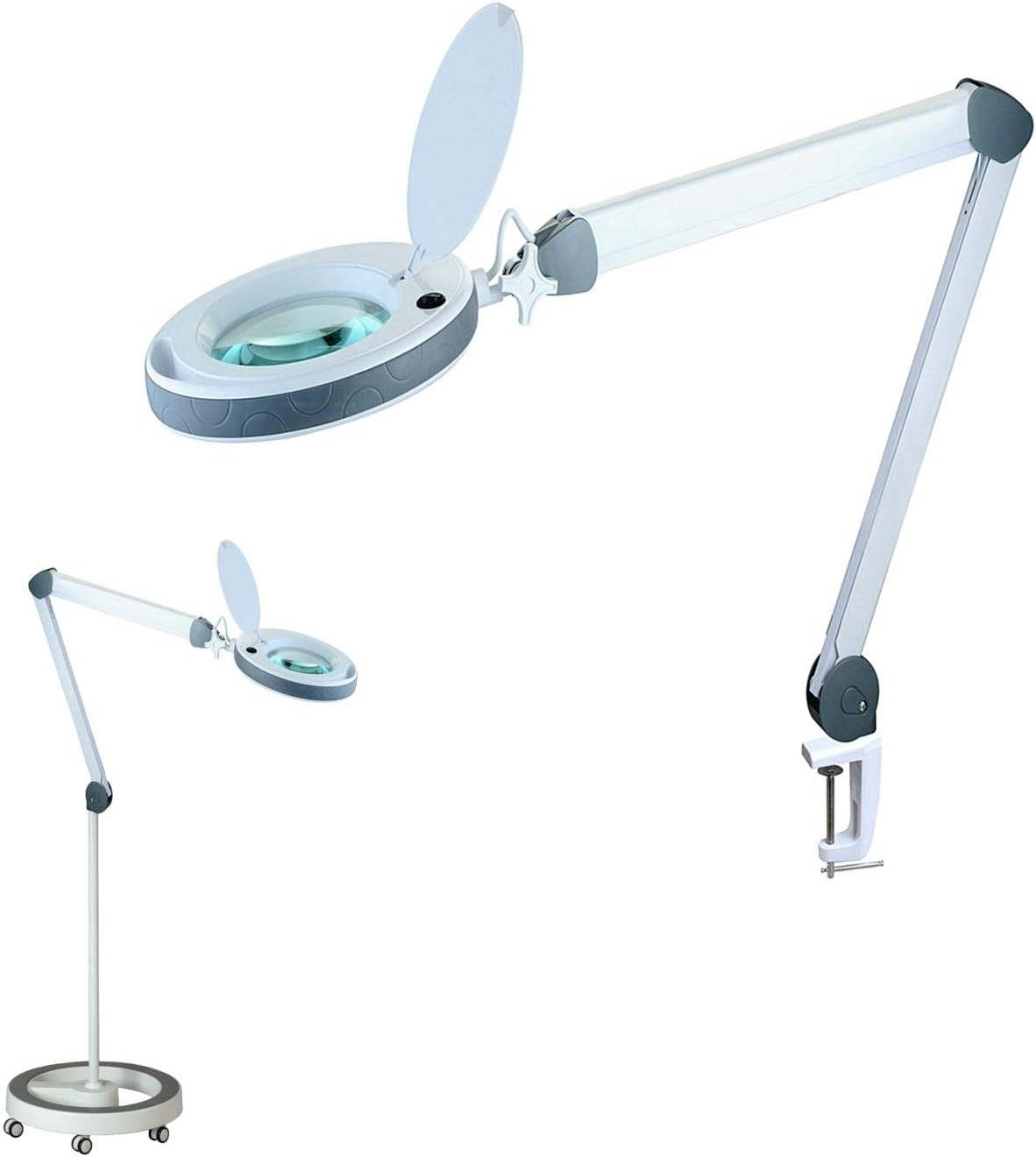 Lumeno LED Magnifying lamp dimmable series 851X, grey, workspace lamp, cosmetic lamp with large 152 mm real glass lens, dimmable brightness levels 3 dioptre