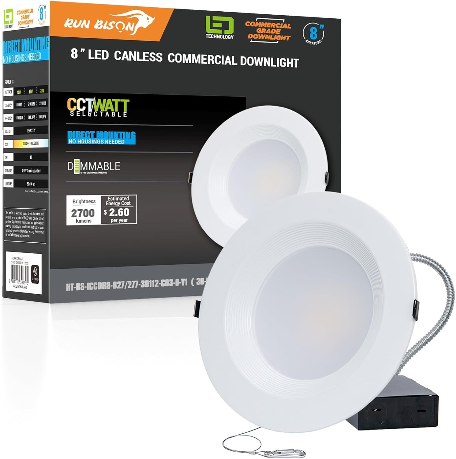 8 Inch Recessed LED Commercial Downlight with J-Box, Wattage Adjustable 16/21/27W,3 Color Selectable 3000K-5000K, 120-277V,0-10V Dimmable, IC Rated,Canless LED Downlight - 1 Pack 8 inch 1