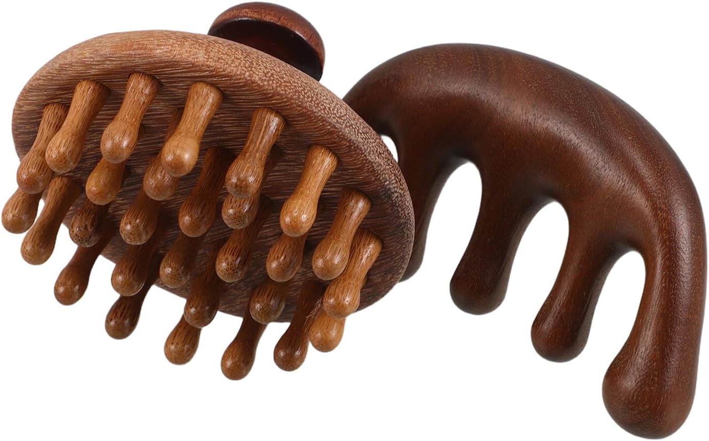 VALICLUD Wooden Scalp Massager Comb 2pcs Wide Tooth Hair Brush Handheld Head Massage Tool for Stress Relief and Daily Grooming