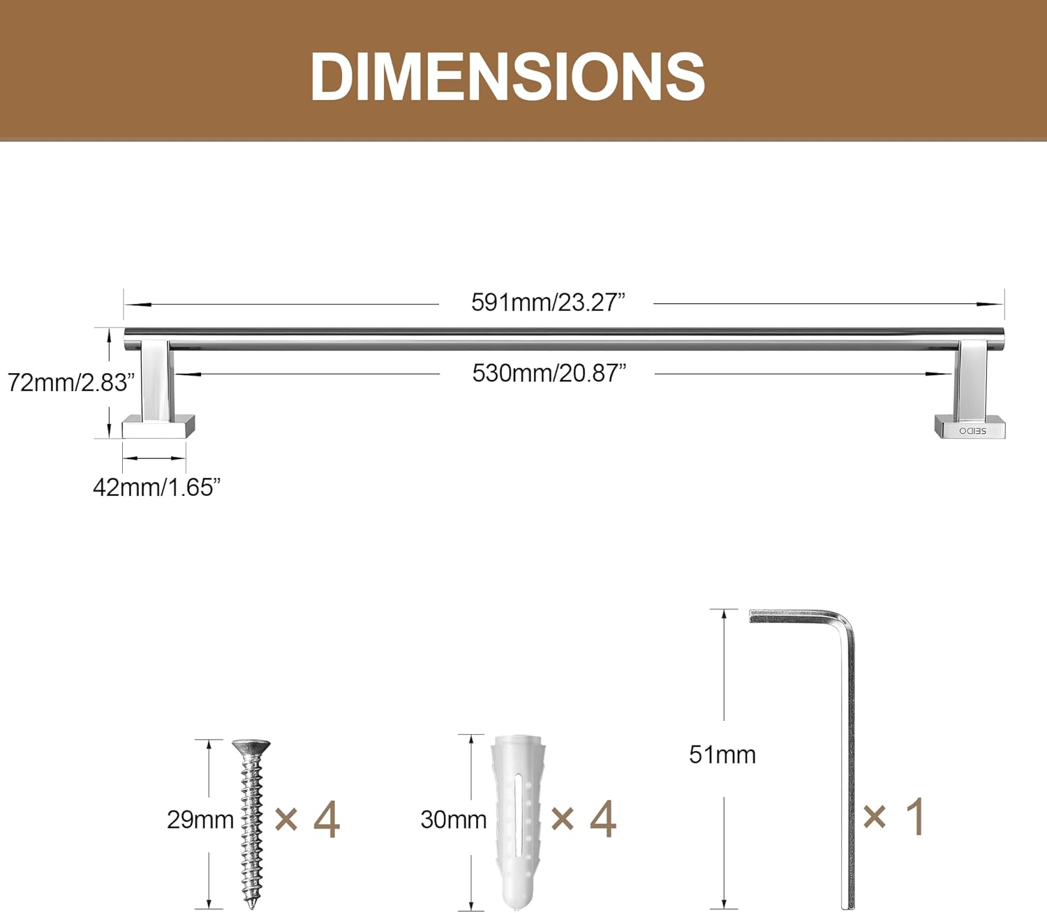 SEIDO 24 Inch Polished Chrome Towel Bar, Heavy Duty & Rust-Proof 304 Stainless Steel Bath Towel Holder, Modern Square Wall Mounted Towel Rack for Bathroom, Kitchen, RV