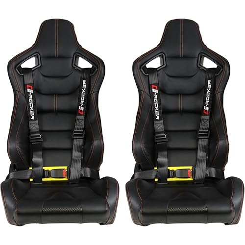 FREEMOTOR802 Universal Racing Seats Pair, Black PU & Carbon Leather Seat + Black Nylon Harness (4 Point Buckle Release)