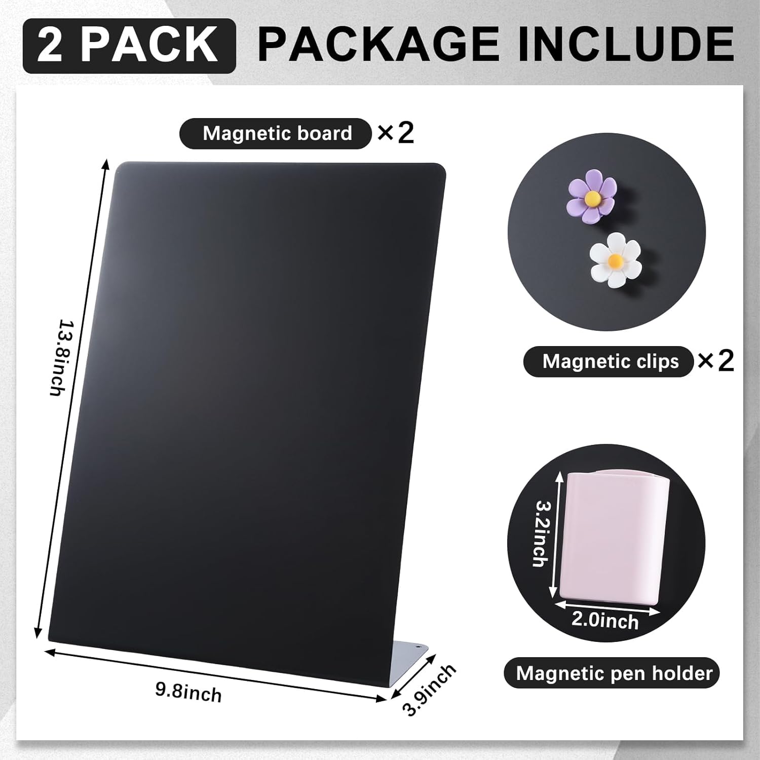 2 Pack Magnet Display Board 10×14 Inch Black Metal Memo Bulletin Board with Easel Stand, 2 Magnetic Pen Holders & 4 Flower Magnets Tabletop Souvenir Board for Home Kitchen School Office Supplies