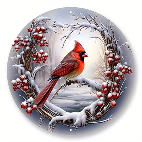 8x8inch Aluminum Cardinal Wreath Sign - Vibrant Gray & Red