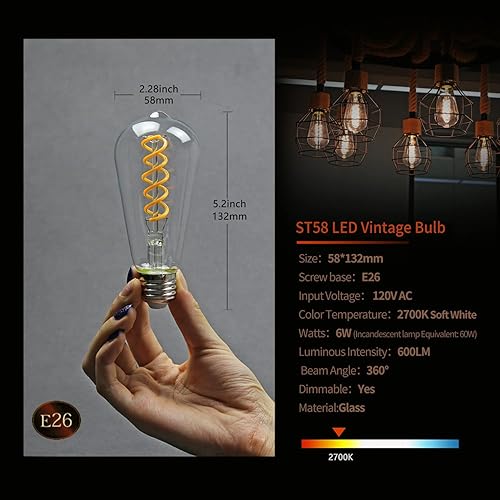 Miniatura 5 de Paquete de 6 bombillas Edison ST19 ST58, bombillas LED vintage, blanco suave de 2700 K, bombilla de filamento LED en espiral flexible antiguo,