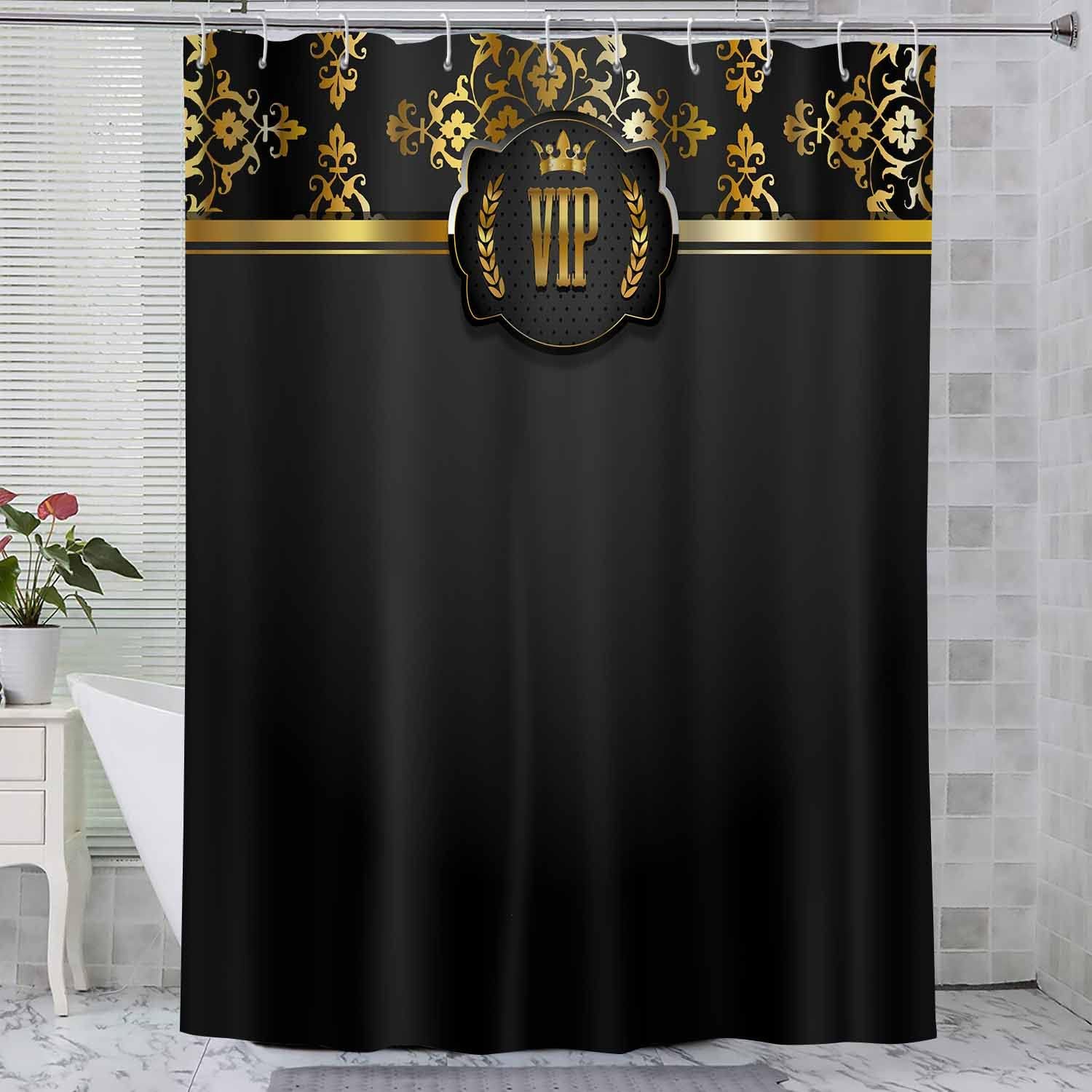 Black Gold Fabric Bathing Shower Curtain, Golden Crown VIP Background Bathroom Decor Cool Shower Curtain Sets Artwork Cloth Fabric Decor 12 Pack Plastic Hooks 72 x 60Inch YLYYNT2713