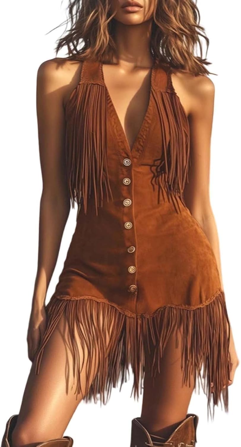Western Cowgirl Dress Women Sexy Sleeveless Vintage Tassel Fringe
