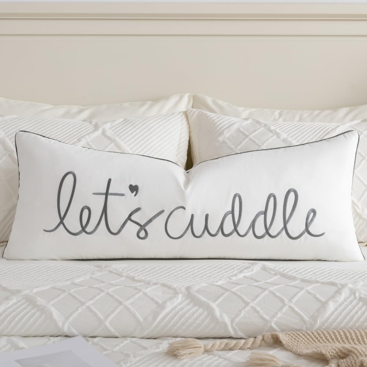Sanmetex Sunkifover Let's Cuddle Lumbar Pillow Cover - 14x36 Inch Cotton Embroidery Decorative Pillowcase for Bed, Bedroom, Living Room - White and Grey Rectangular Quote Design