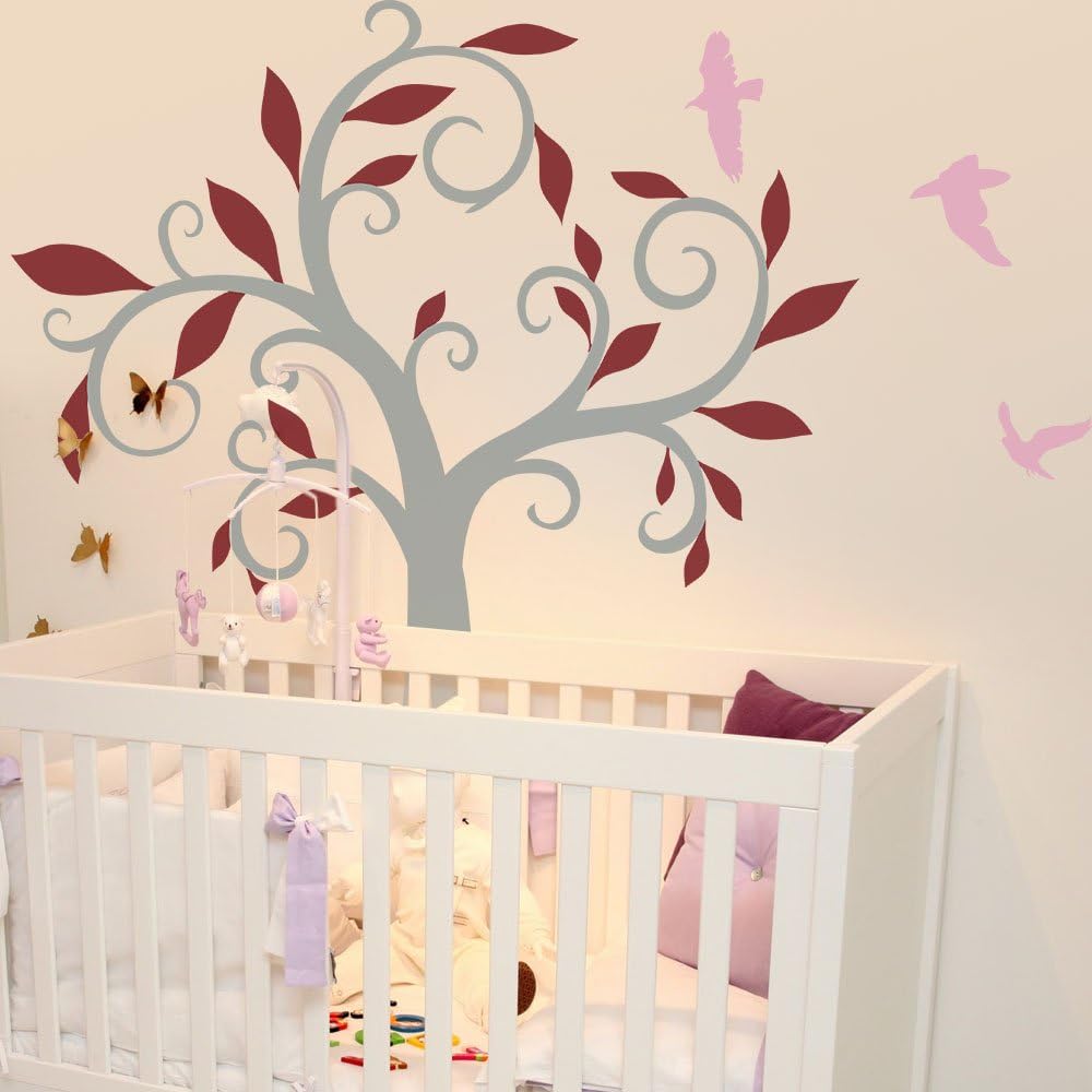 Nature Tree Wall Decal Vinyl Tree Wall Quote Birds Wall Decal Wall Sticker Wall Mural Nursery Wall Decor 3(tree trunk:Brown;leaves:Soft Pink;birds:Orange)