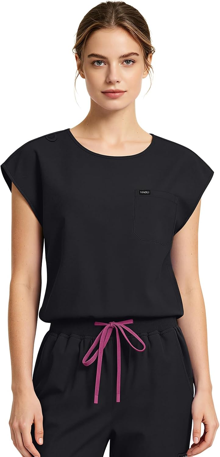 VIAOLI Scrubs for Women Set,Round Neck Scrub Top with Banded Hem,4-Way Stretch Flare Leg Nursing Uniform with Pockets