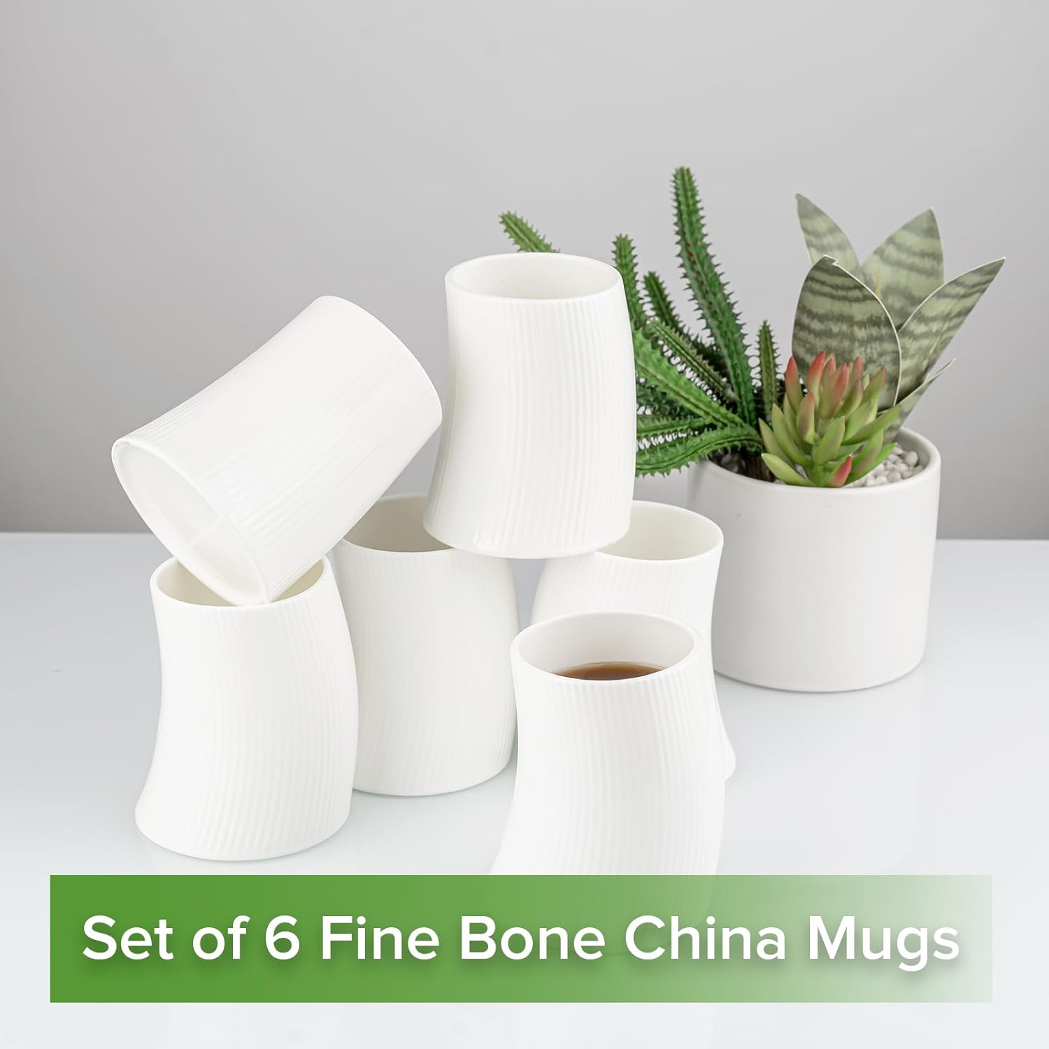 Novelty Curved and Embossed Stripes Body Design Bone China Cups Without Handle, 12oz Set of 6, Comfortable to Hold and Drink, Lightweight and Thin, For Coffee and Tea, Toothbrush Bathroom cups