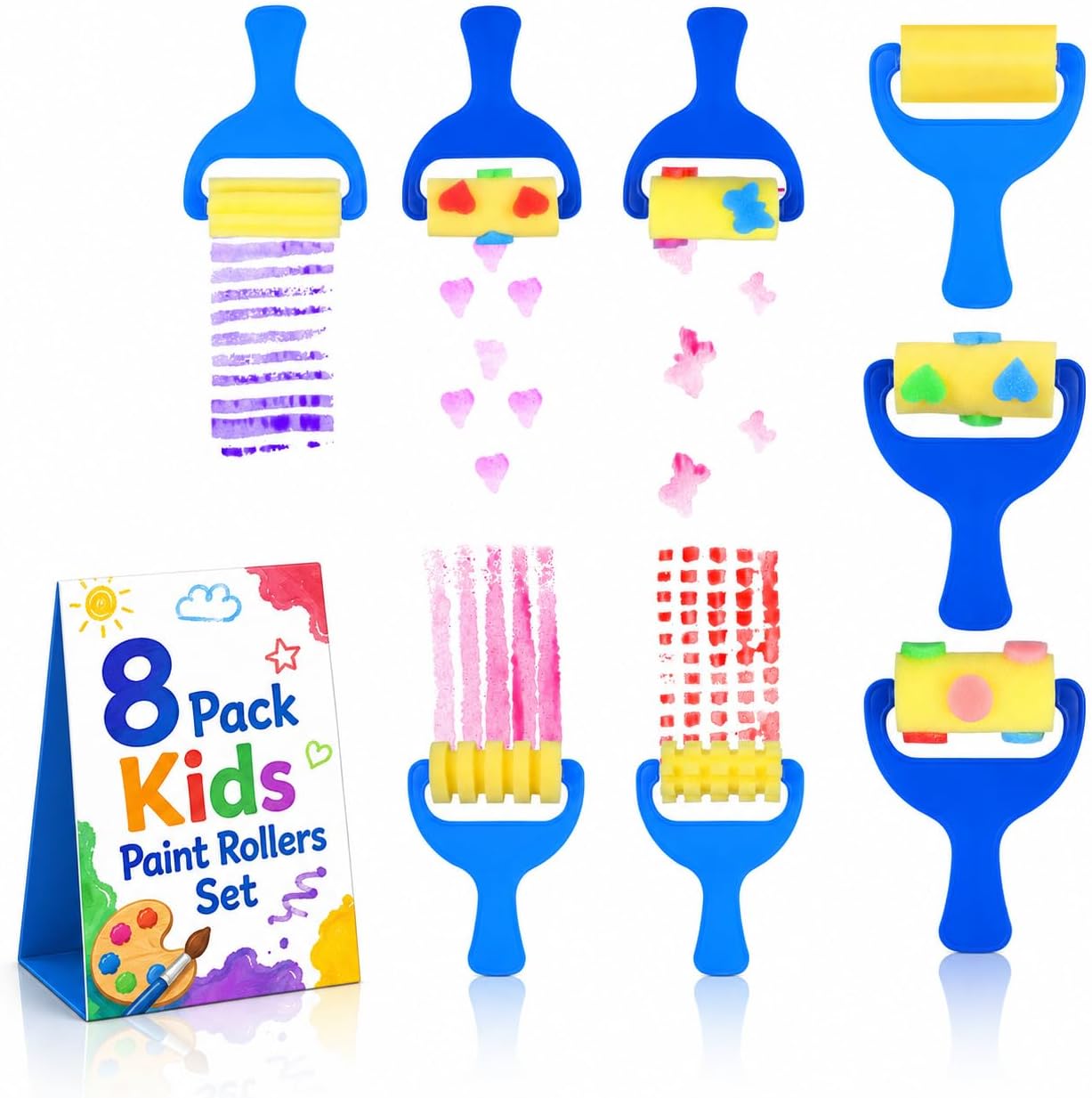 STOBOK Kids Paint Rollers Set, 8Pcs Sponge Painting Brushes with Large and Pattern Rollers for Finger Painting, Art Craft, Classroom Projects and Home DIY Crafts