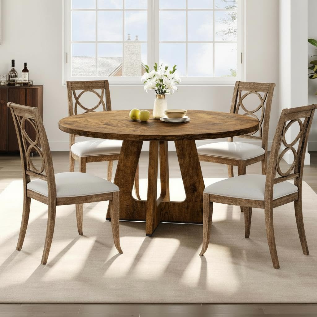 Rustikaler runder Esstisch 120 cm – Massivholzplatte & Stabiler Mittelfuß Für 4–6 Personen – Platzsparend für Küche oder Wohnzimmer – Klassisch Design