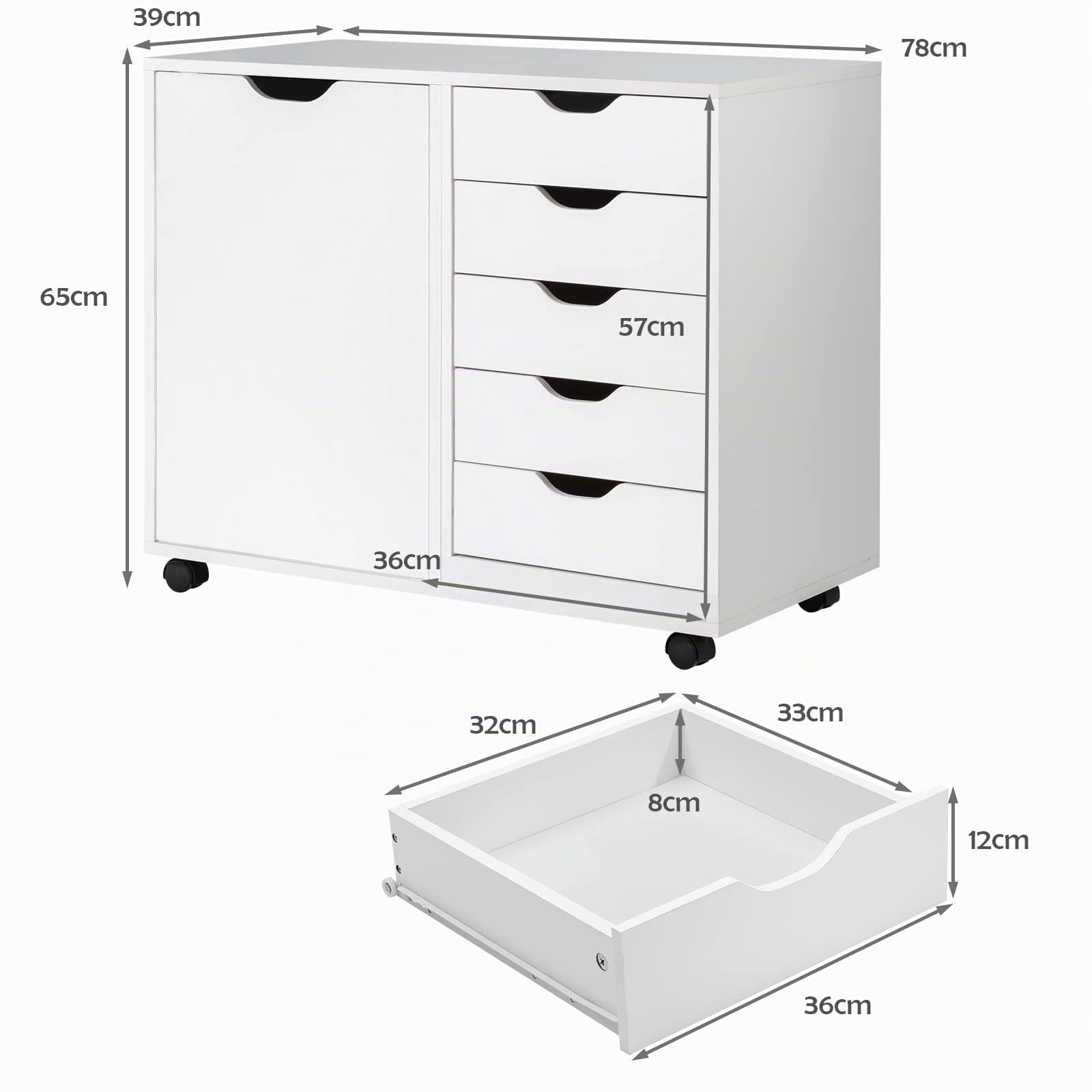 GOPLUS Caisson Bureau avec 5 Tiroirs à 5 Roulettes dont 2 avec Frein, Rangement Bureau Mobile avec Support Imprimante, Armoire à Poignée Incurvée pour A4, Document, Idéal pour Salon(Blanc, 78x39x65cm)