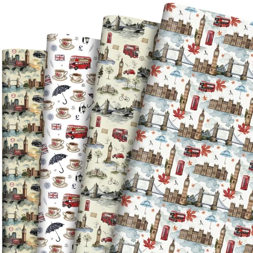 Pineraap London Wrapping Paper 12 Sheets – Big Ben, Tower Bridge, Umbrella UK Designs – British Gift Wrap for Birthday, Travel Lovers, 20"×28"