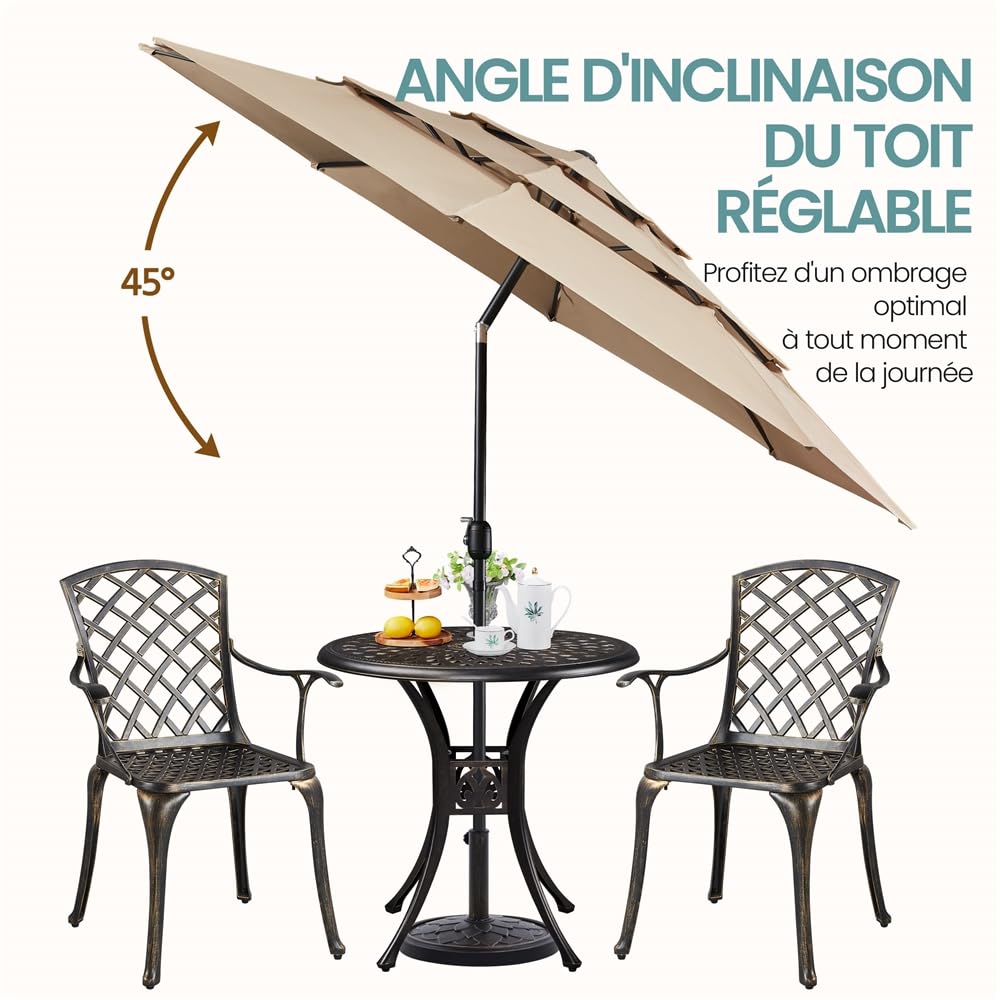 Yaheetech Parasol de Jardin Extérieur 324 cm 3 Niveaux 8 Baleines avec Bouton-poussoir Parasol Inclinable en Polyester avec Protection UV pour Terrasse Jardin Patio Plage Piscine Kaki