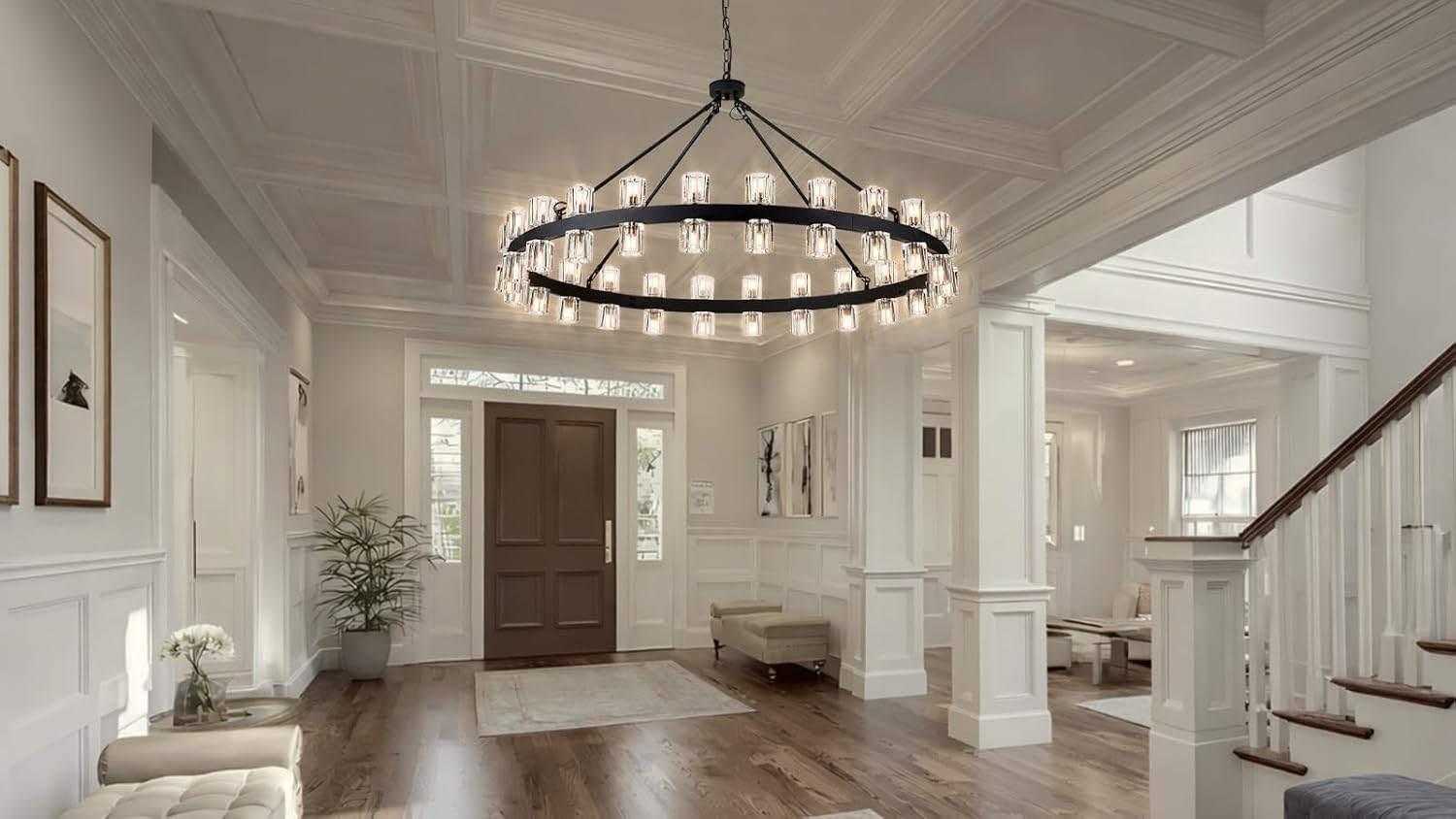 48 Inch Black Crystal Wagon Wheel Chandelier, Modern Farmhouse Round 48-Lights Pendant Lighting Fixture, for High Ceilings Living Room, Bedroom, Foyer