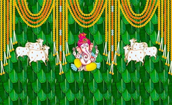 Image of Banana Leaf Design Backdrop Decoration Pooja Cloth (5 * 8 FT) (Banana 15)