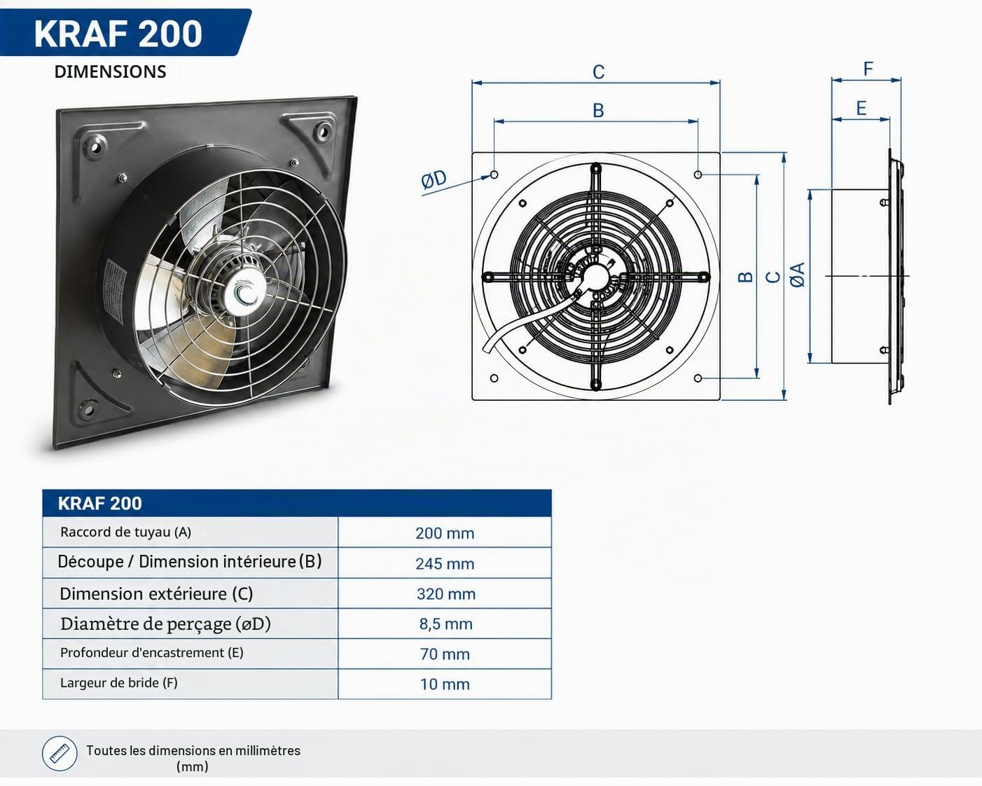 KDR-200mm Extracteur d'air de Mur pour la Ventilation Industrielle Ventilateur Mural