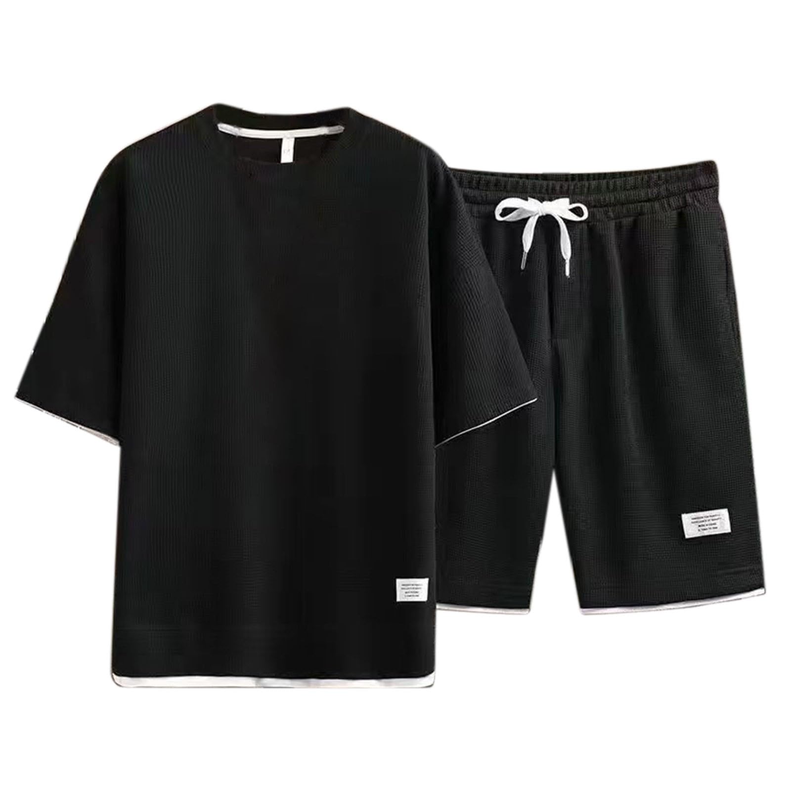 Herren Jogginganzug Set Sommer 10 Teiliges Waffle Outfit Poloshirts Kurzarm Einfarbig Strick Kurze Hose Zweiteiler Elastischer Taille Baggy Freizeitanzug Trainingsanzug Kurz Fitness Kleidung