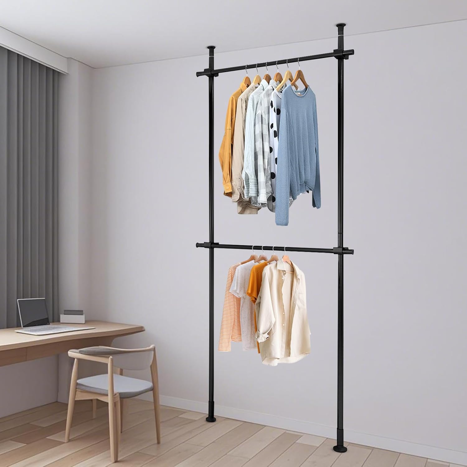 Bepritm 220.46LBS Heavy-Duty Adjustable Clothing Rack, Free Standing Clothes Rack with Double Rods for Hanging Clothes, Carbon Steel Industrial Pipe Clothing Racks, No Drill