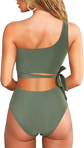 MOOSLOVER Women One Shoulder High Waisted Bikini Tie High Cut Two Piece Swimsuits