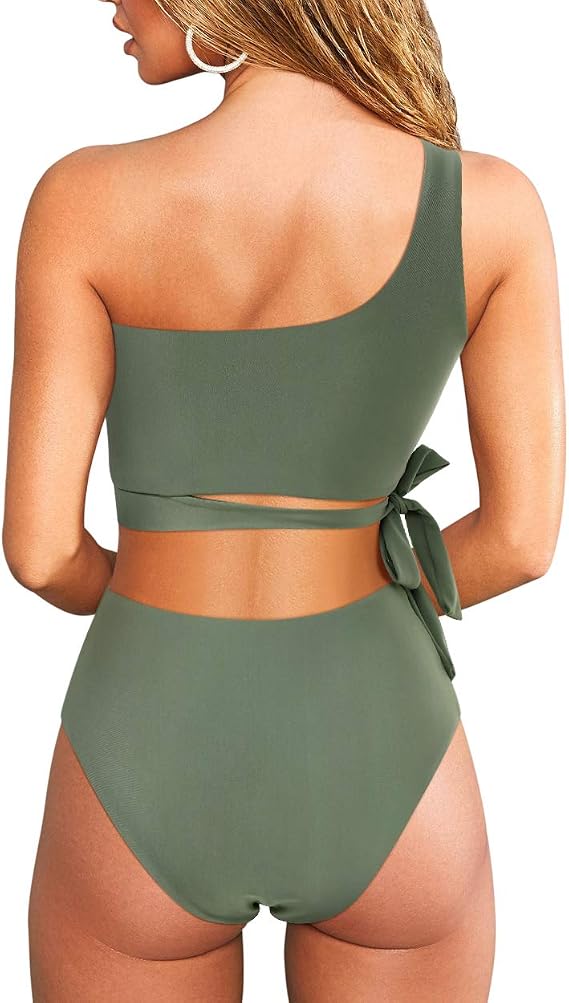 MOOSLOVER Women One Shoulder High Waisted Bikini Tie High Cut Two Piece Swimsuits