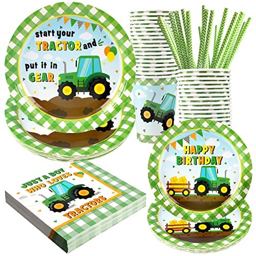 Tractor Party Supplies Decorations, Disposable Kids Birthday Paper Plates and Napkins Set with Cups and Straws for 24 Guests, 120 Pcs Party Dessert Dinnerwares