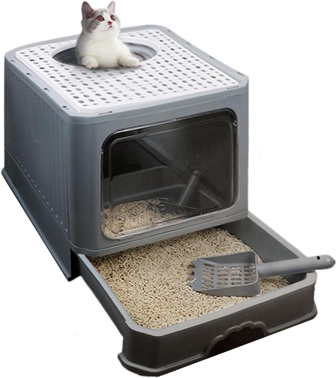 Litterbox Enclosed Cat Potty, Foldable Cat Litter Box with Lid, Top Entry Anti-Splashing Cat Toilet, Easy to Clean Cat Litter Tray(Green)