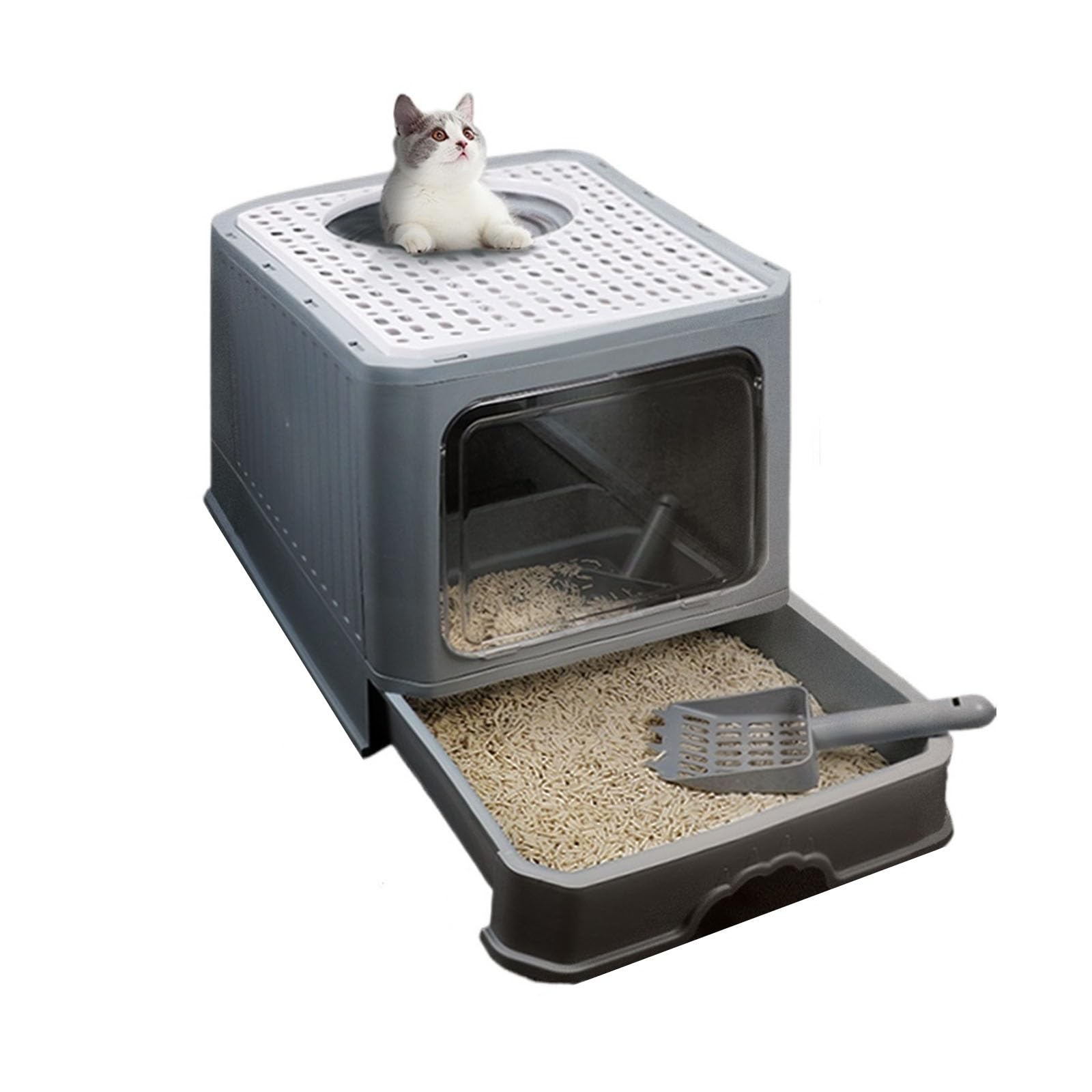 SDGBCXD cat litter tray, Cat Litter Tray, Enclosed Potty, Foldable Box with Lid, Top Entry Anti-Splashing Toilet(Parent,Gris)