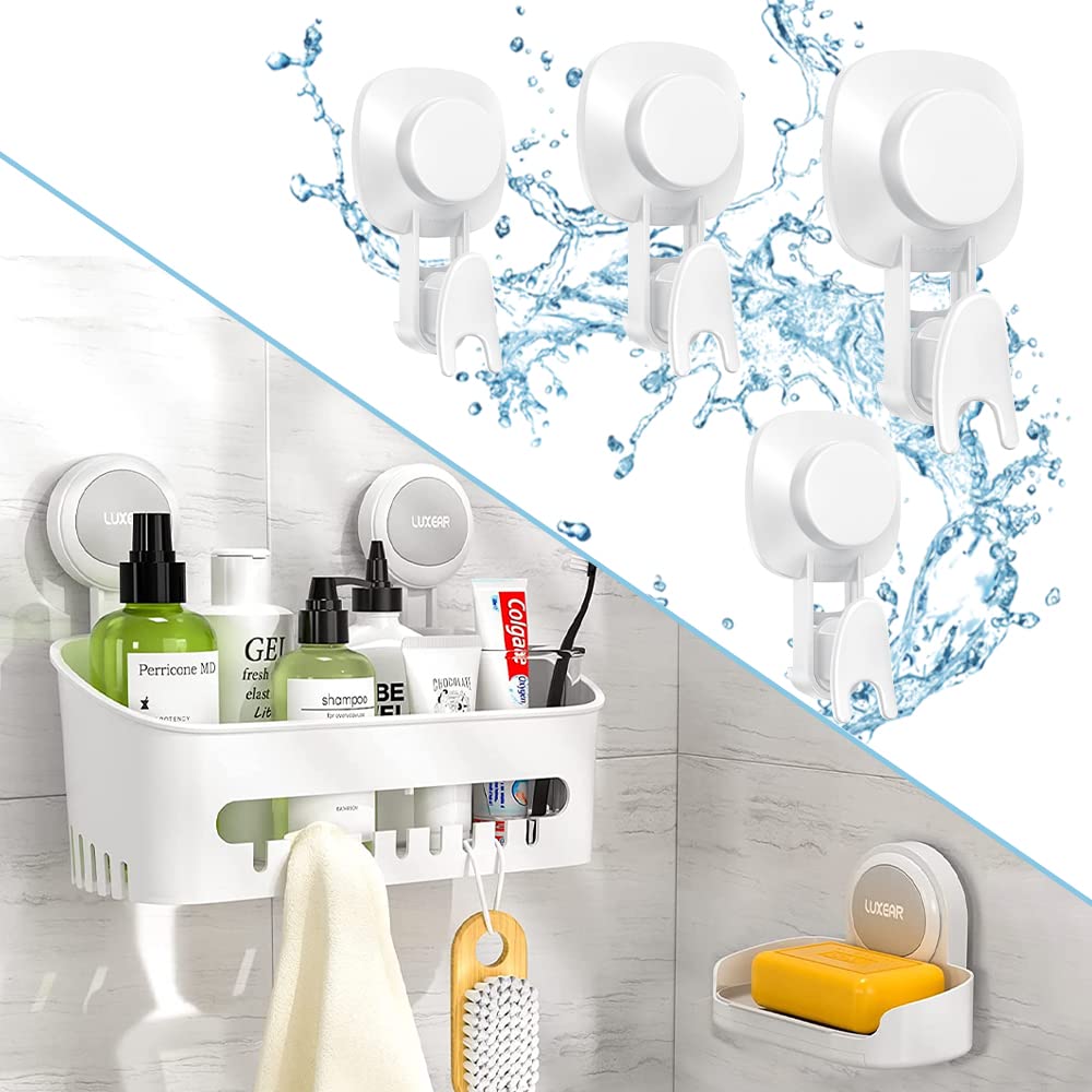LUXEAR Shower Caddy Suction Cup Sets Shower Shelf Basket Soap Dish Holder 4 pack update replacement hooks suction