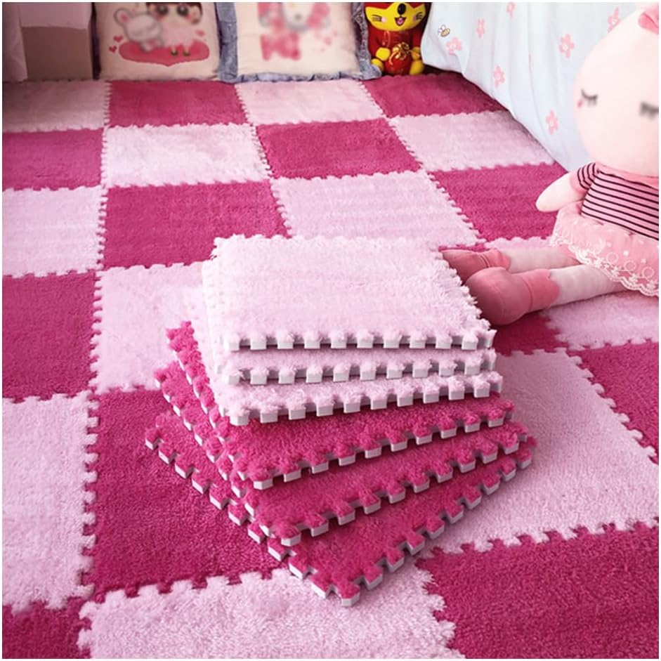 Foam Floor Mat Thick Interlocking Fluffy Tiles with Border Square Rug Split Joint Soft Climbing Carpet Mats Shaggy Area Rug for Room Floor 12pcs B