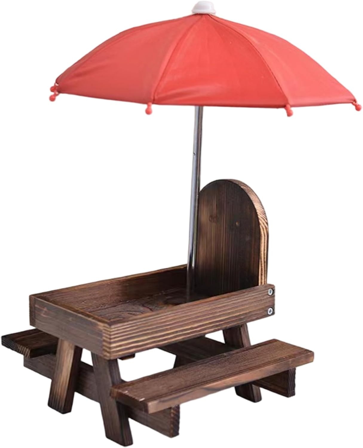 Squirrel Picnic Table with Red Umbrella, Wooden Chipmunk Feeder for Outside, Burnt Semicircular Corn Cob Holder Wildlife, 18x21x18cm