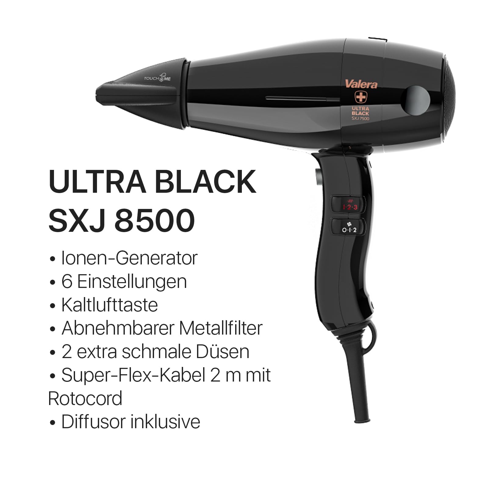 Valera, Swiss Silent Jet 8500 Ultrablack, profesjonalna suszarka do włosów, z wydajnym silnikiem AC, 6 poziomów temperatury, generator jonów, odporny na skręcanie kabel Super-Flex, 2000 W