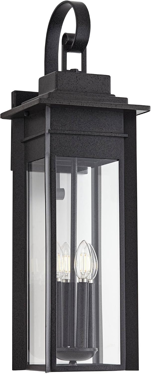Franklin Iron Works Bransford 28 1/4" High Farmhouse Rustic Outdoor Wall Light Fixture Mount Porch House Exterior Outside Lantern Scroll Weatherproof Black-Specked Gray Metal Clear Glass Shade
