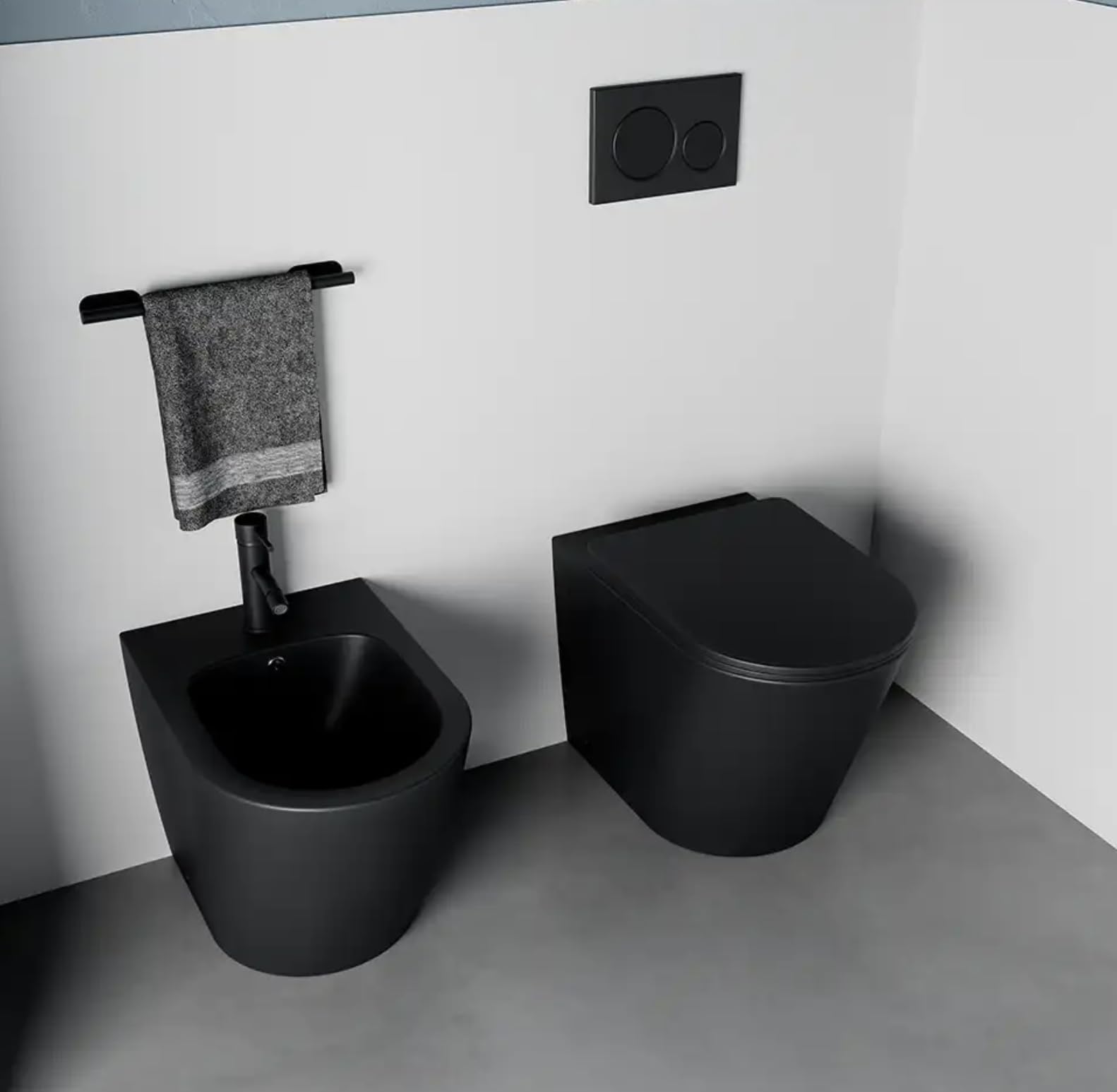 Sanitari filomuro in ceramica rimless bianco lucido: vaso, bidet e copriwc soft-close Aquamarine (NERO OPACO)