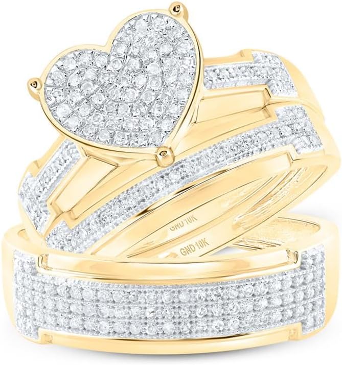 Jewels By Lux 10K Yellow Gold His Hers Round Diamond Heart Matching Wedding Set 1/2 Cttw, Womens Size 5-9, Mens Size 8-12